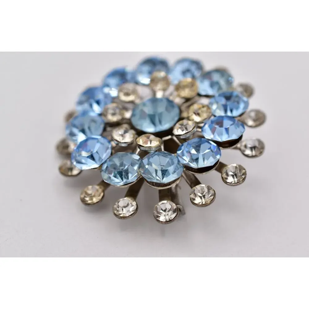 Vintage Sky Blue Rhinestone Starburst Brooch Crystal Silver Floral Pin 50s BinBI